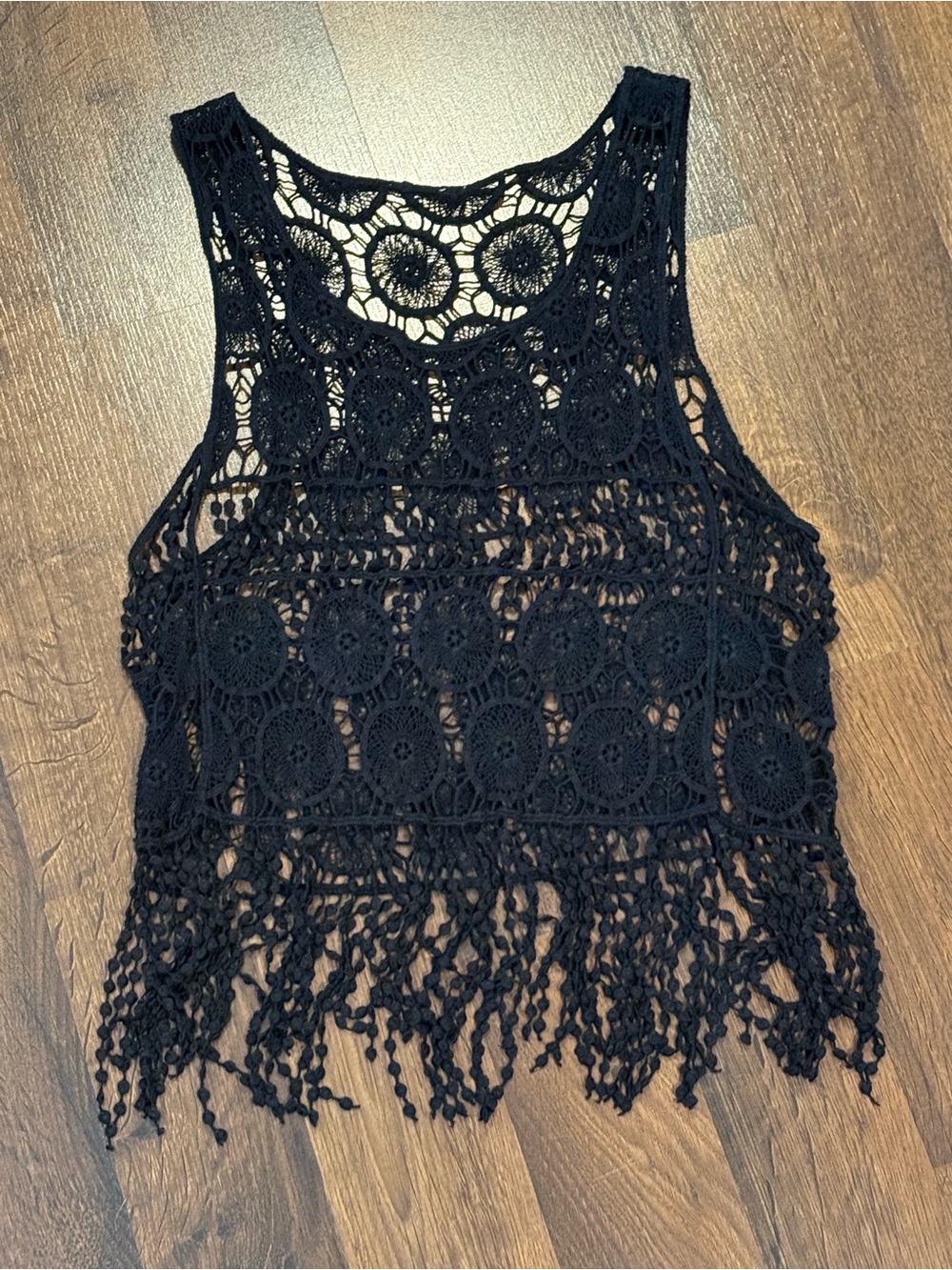 Black Boho Crochet Fringe Tank Top (smallish)